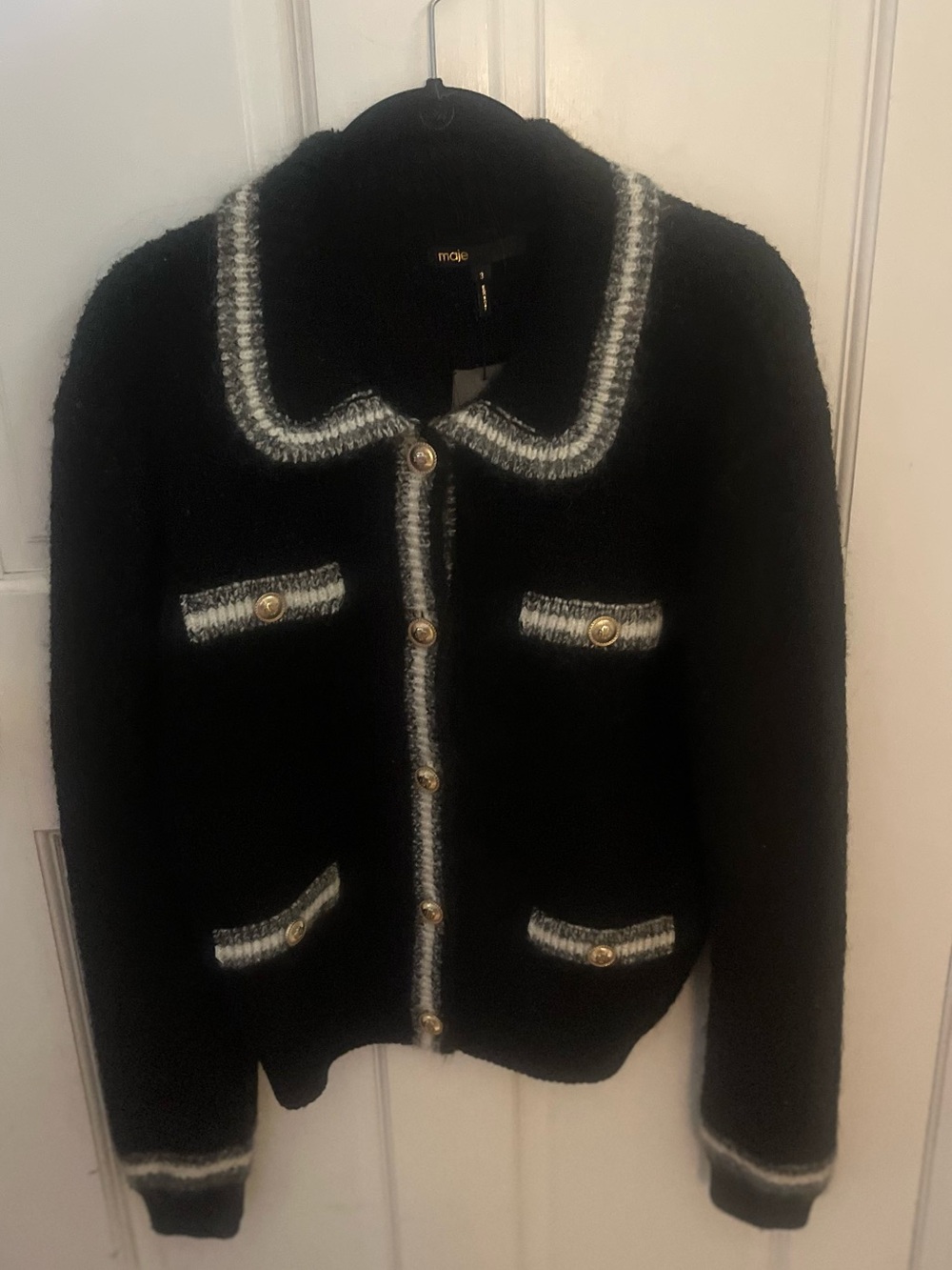 Maje Black Cardigan with White Trim and Gold Buttons